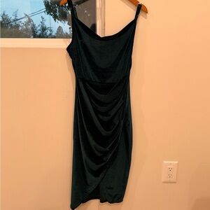 Dark green velvet Draped Midi Dress - Elegant Slip Style